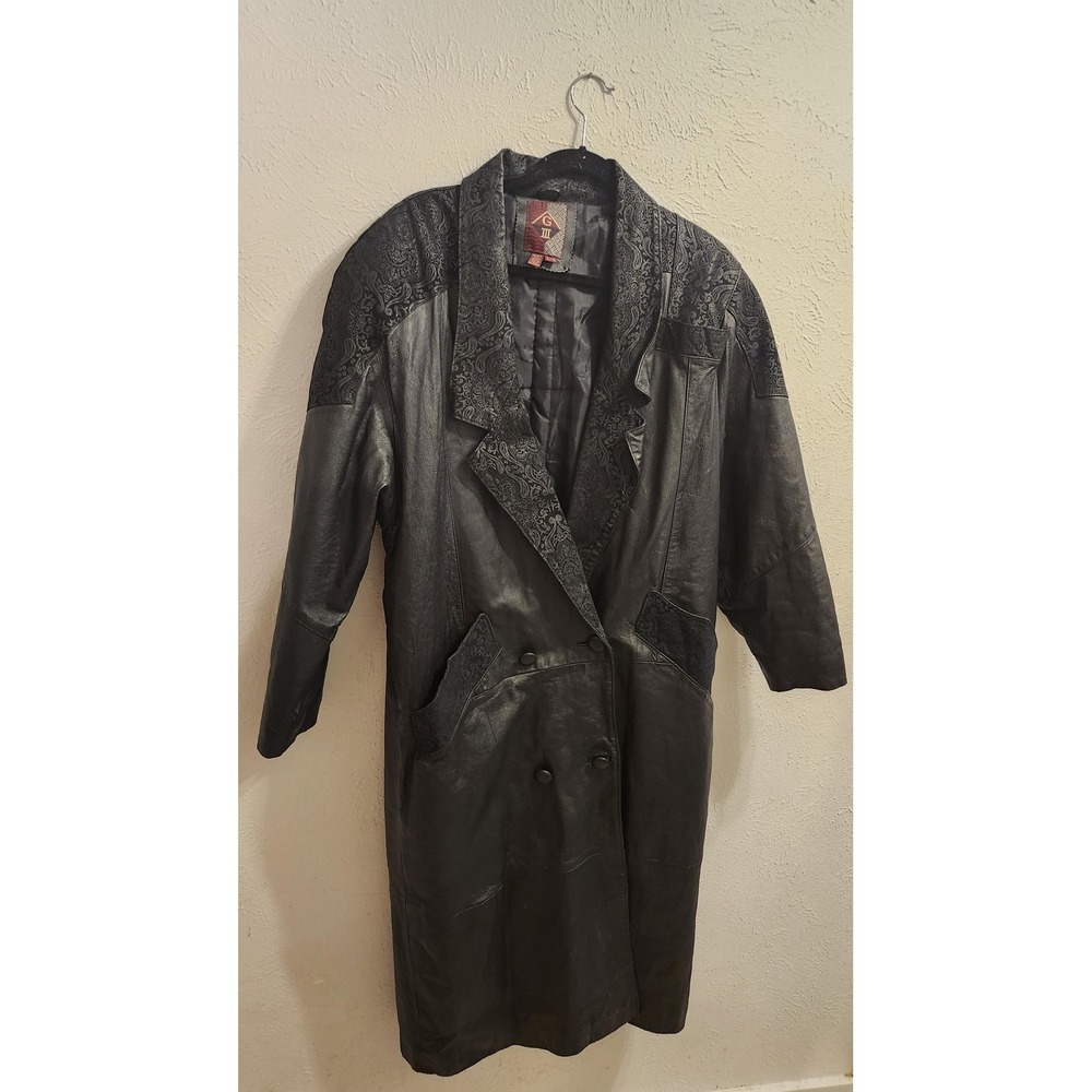 G-III Leather Coat Womens Large Black Paisley Embossed Double Breasted mobwife